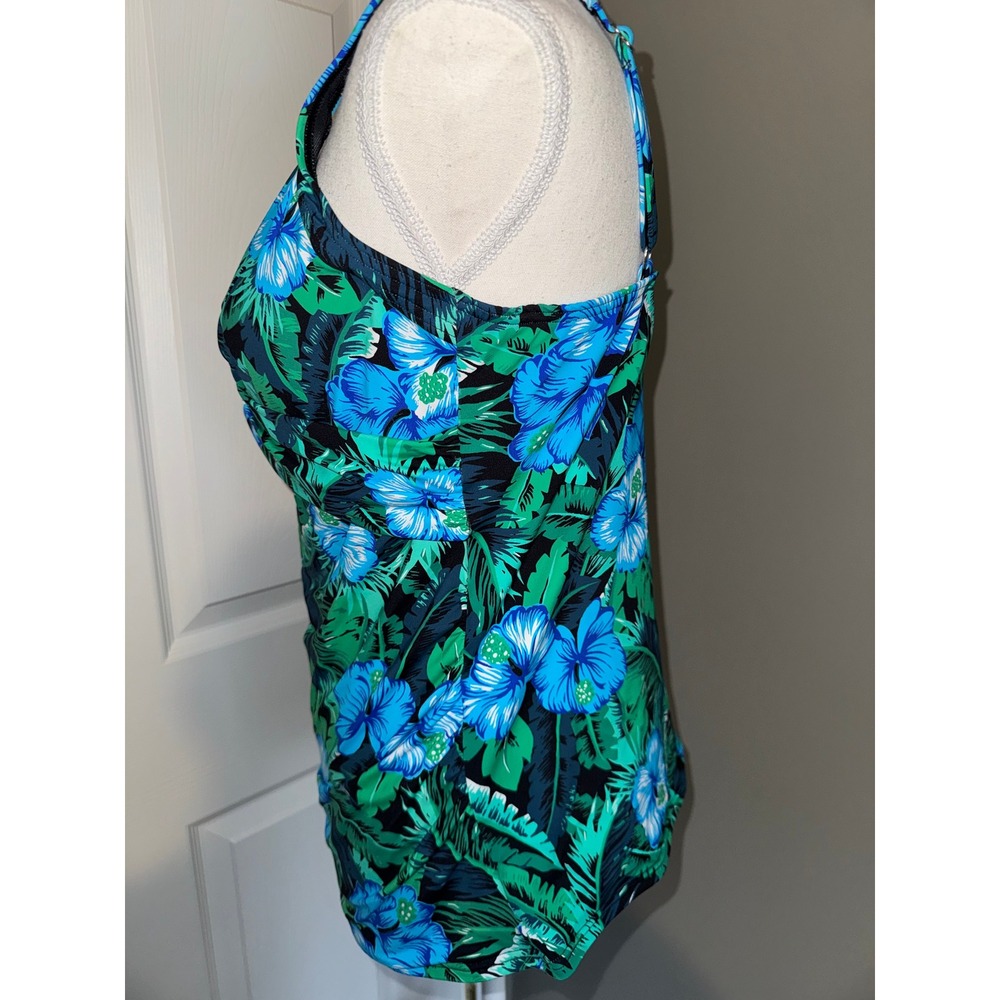 Lands End Tropical Floral Tankini Top Blue Green Hibiscus Underwire Size 12 - Picture 3 of 7
